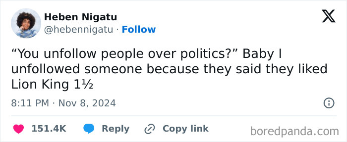 Tweet humorously celebrating Black culture, discussing unfollowing over movie preferences.