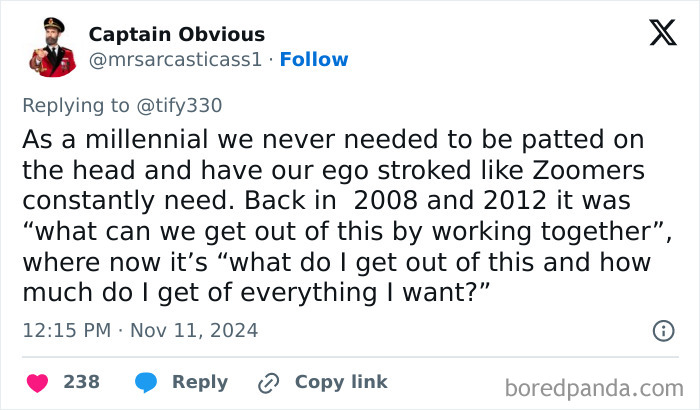 Tweet expressing Honest Millennial Complaints about generational differences with Zoomers, highlighting collaboration vs. self-interest.