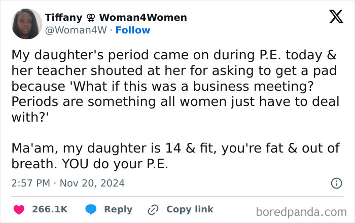 Tweet about a bad infuriating teacher yelling at a student for asking to get a pad during P.E.