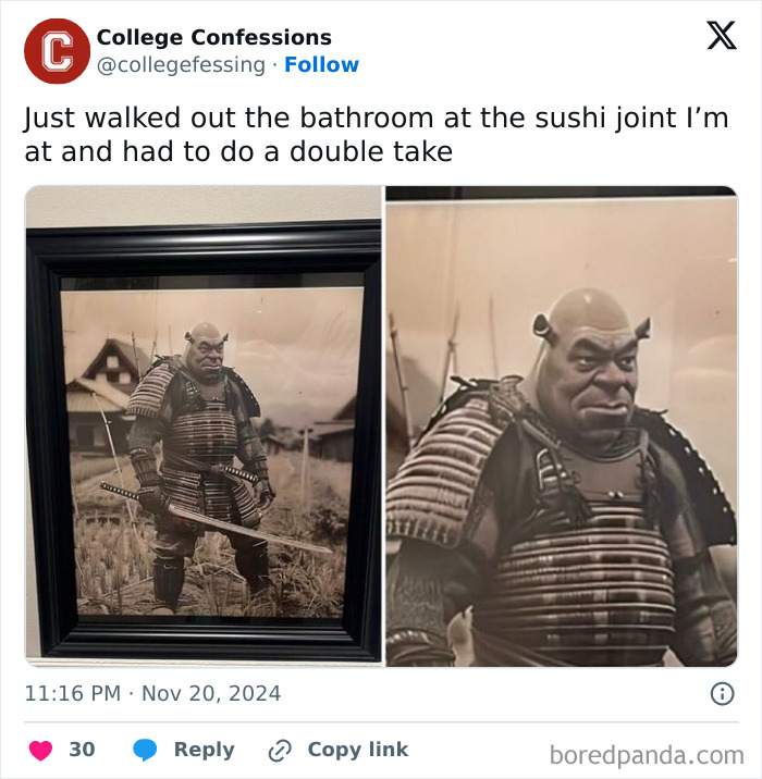 Funny meme of Shrek dressed as a samurai in a framed photo from a sushi restaurant.