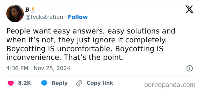 Tweet criticizing capitalism, highlighting the discomfort and inconvenience of boycotting as essential aspects.