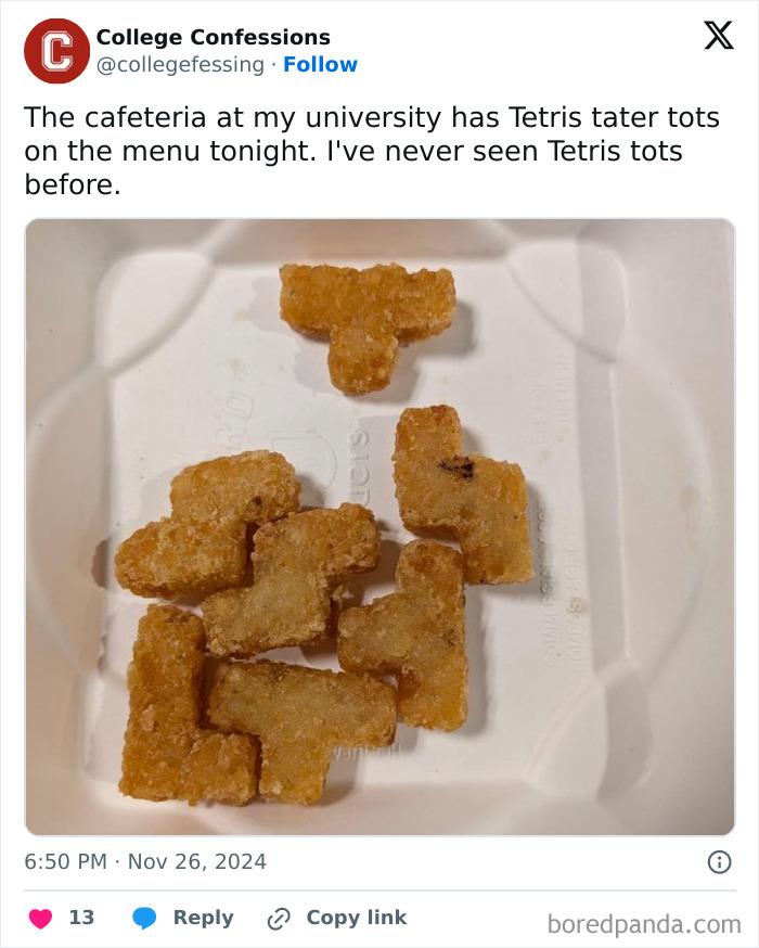Tater tots in Tetris shapes on a cafeteria tray from College Confessions meme post.