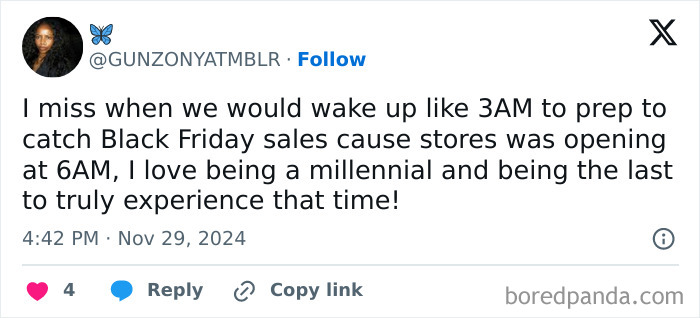 Millennial reminiscing about early Black Friday sales in nostalgic tweet.