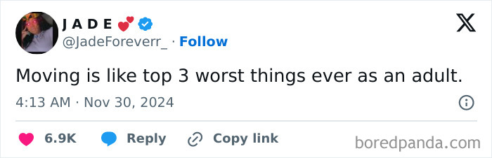 Tweet humorously complaining about moving as one of the worst parts of adulthood.