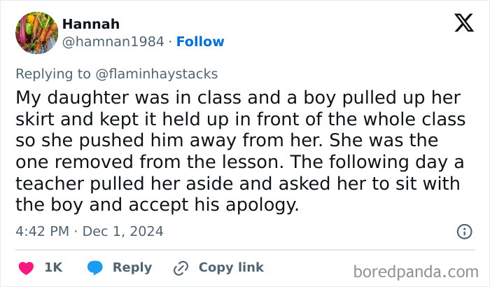 Tweet criticizes school response to an incident, highlighting bad-infuriating-teachers in classroom discipline.