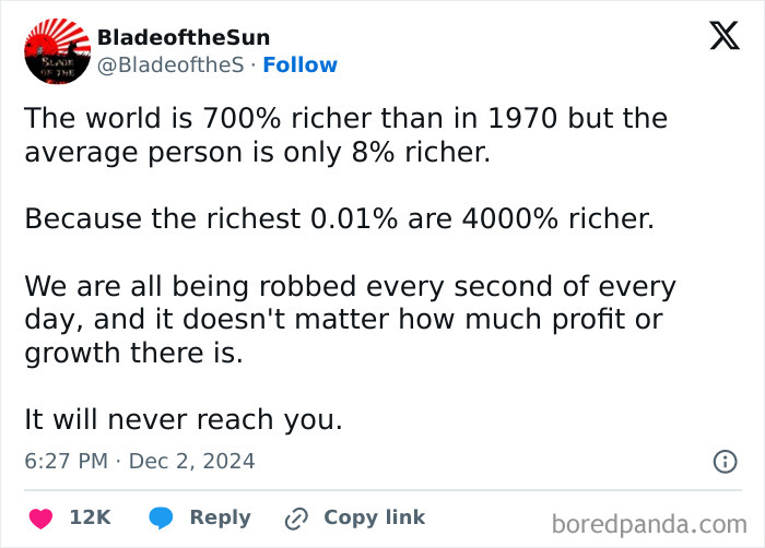 Anti-capitalism post highlighting wealth disparity and economic inequality statistics.