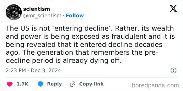 A tweet critiquing capitalism, discussing the decline of U.S. wealth and power, dated December 3, 2024.