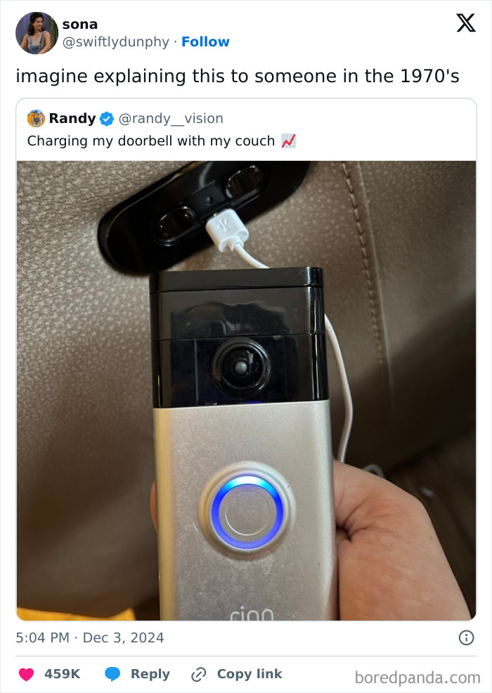 Photo of a doorbell plugged into a couch USB, highlighting a funny and strange moment.