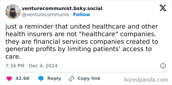 Anti-capitalism post criticizing healthcare companies for prioritizing profits over patient care.