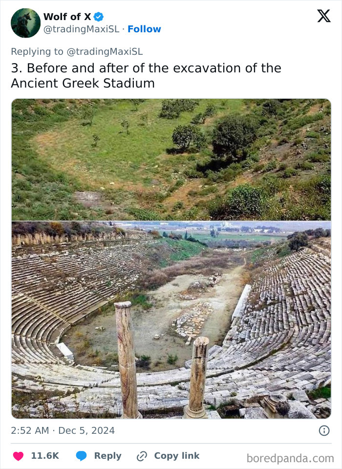 Before and after excavation of an ancient Greek stadium, a fascinating archaeological find unearthed in recent years.