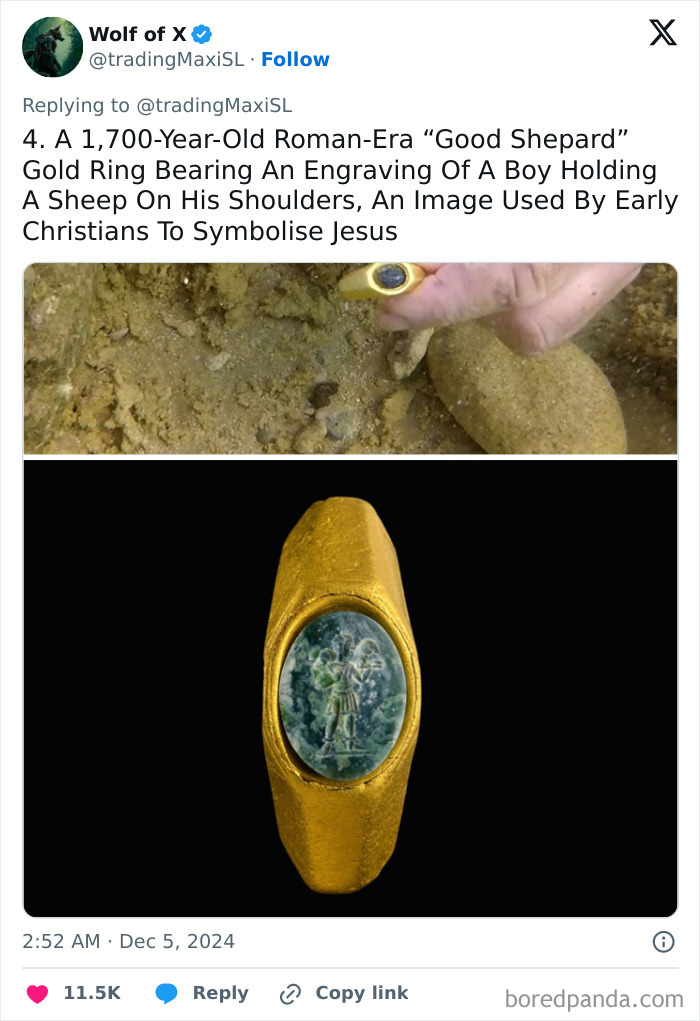 Ancient Roman gold ring with "Good Shepherd" engraving, significant archaeological find from recent years.