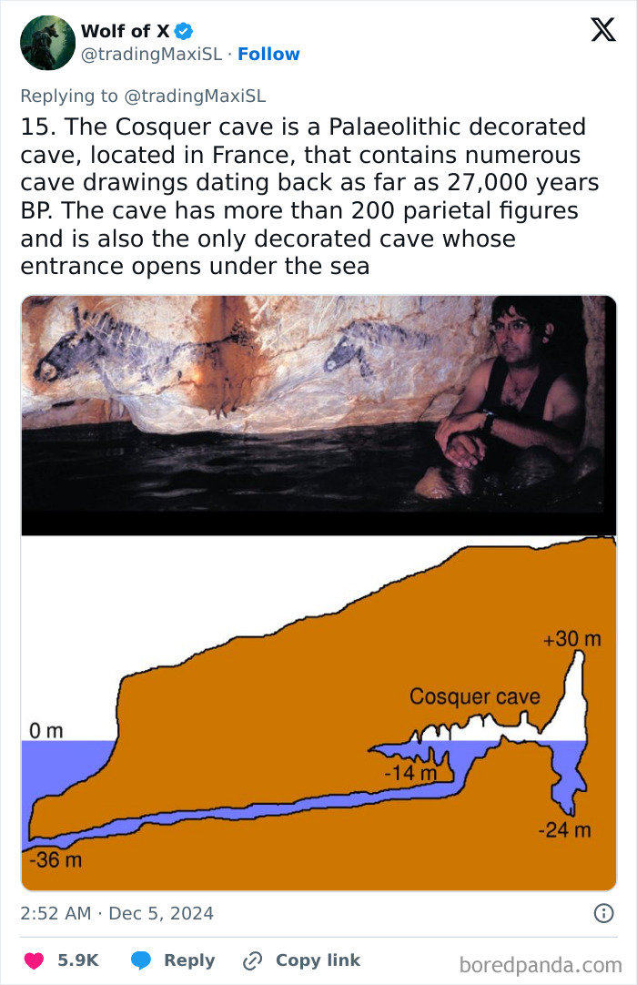 Cosquer cave archaeological find in France, showing ancient drawings and a cave diagram.