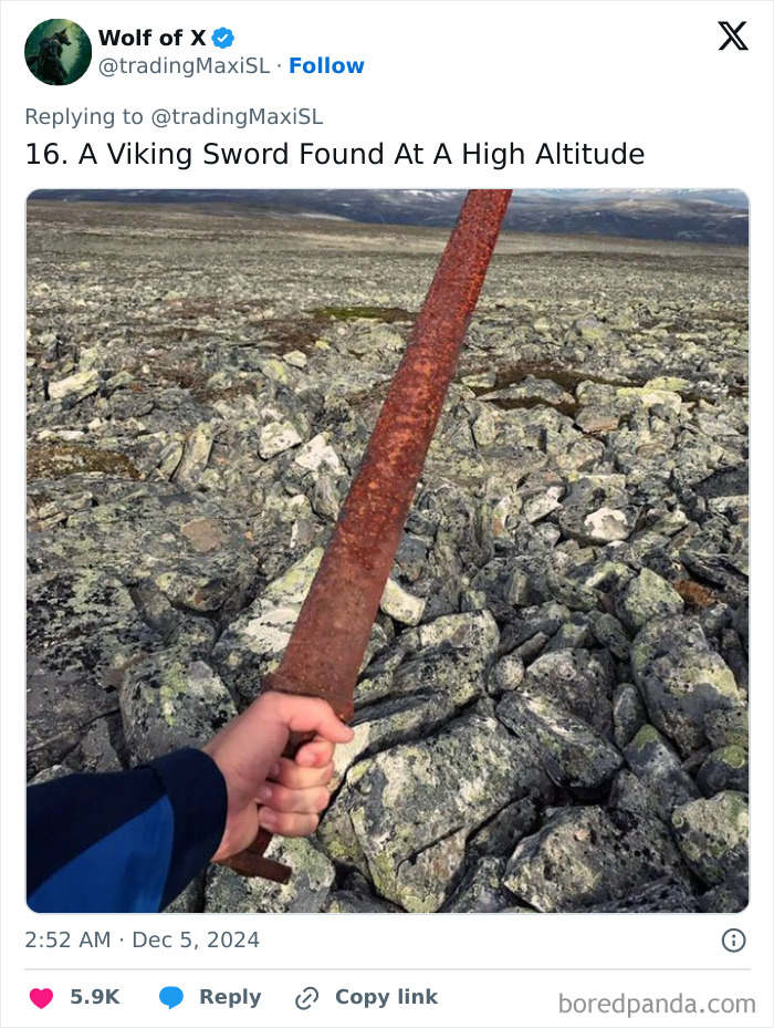 Hand holding a rusted Viking sword, an archaeological find, against a rocky high-altitude landscape.