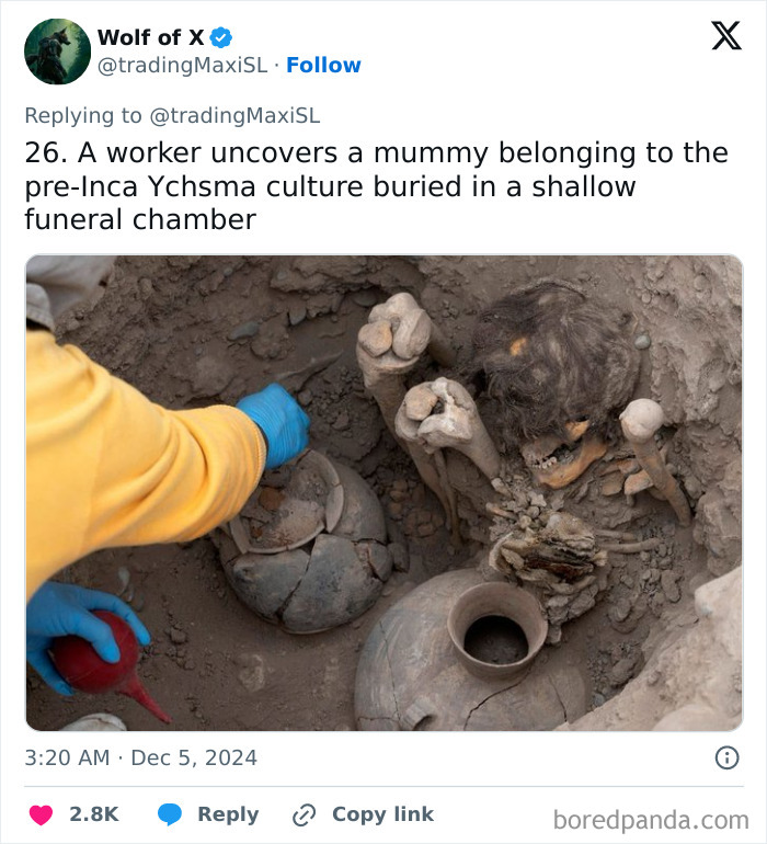 Archaeological find: Worker reveals mummy and artifacts from pre-Inca Ychsma culture in burial site.