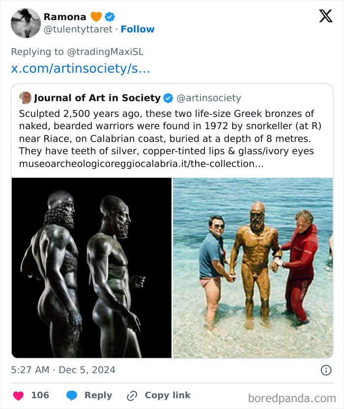 Two life-size Greek bronze statues discovered underwater, highlighting fascinating archaeological finds.