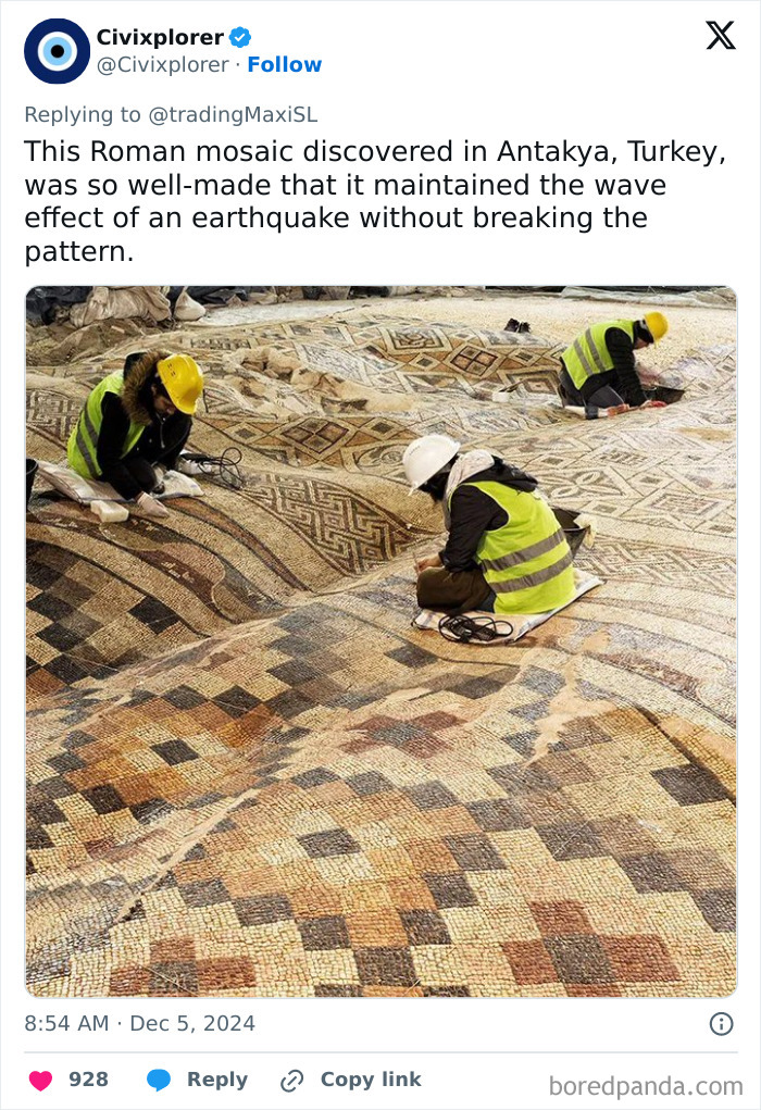 Archaeologists uncover a Roman mosaic in Antakya, Turkey, preserved perfectly despite earthquake effects.