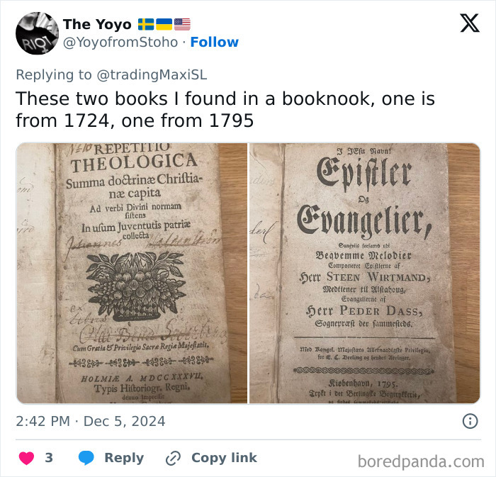 Antique books from 1724 and 1795, a fascinating archaeological find displayed in a tweet.