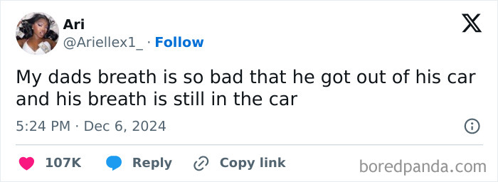 Tweet humorously celebrating Black culture with a joke about bad breath lingering in a car.