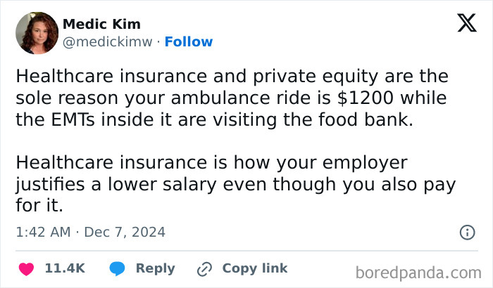 Tweet criticizing capitalism, highlighting ambulance costs and EMTs needing food banks.
