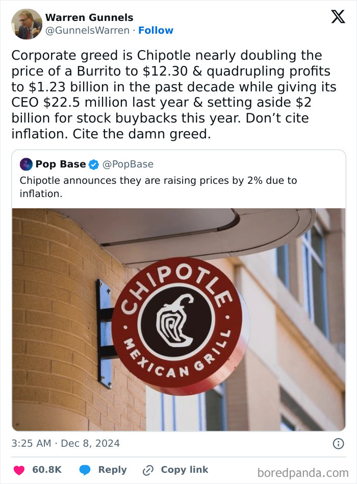 Tweet criticizing corporate greed and Chipotle price hikes, featuring Chipotle logo.