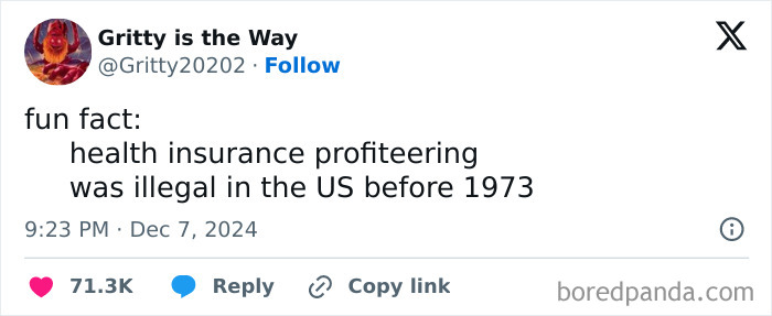 Anti-capitalism post about health insurance profiteering being illegal in the US before 1973.