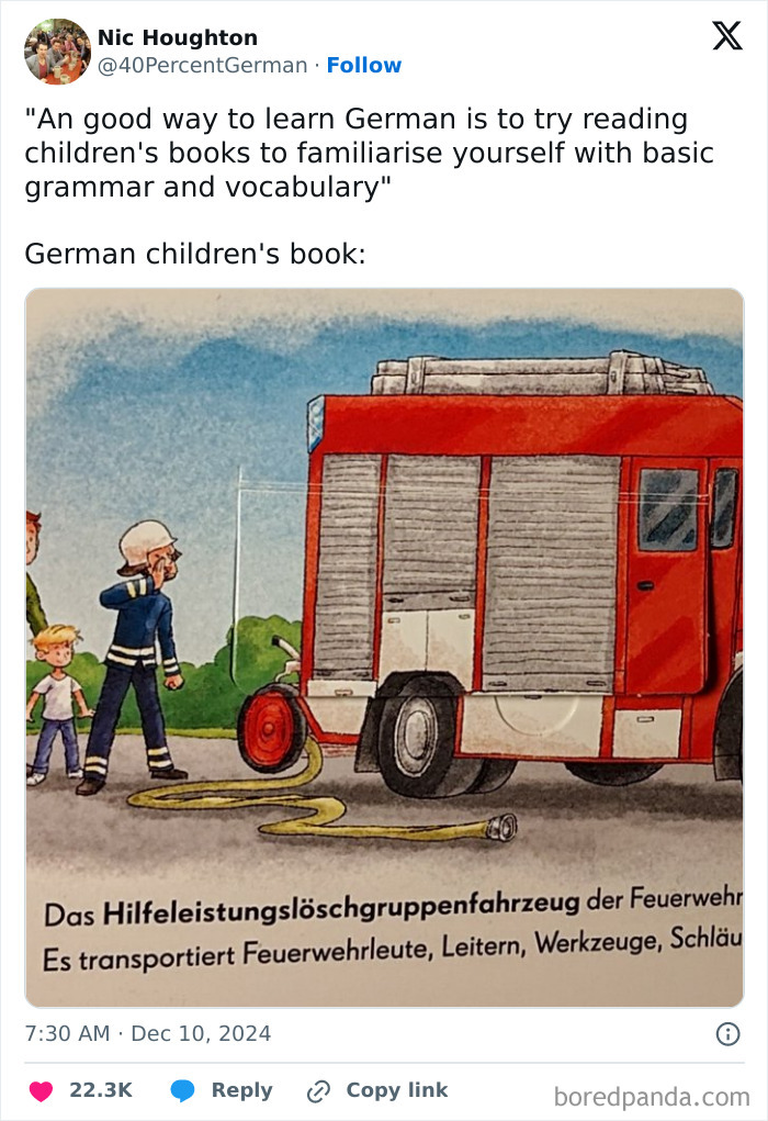 German children's book page humorously depicting a complex word for a fire truck.
