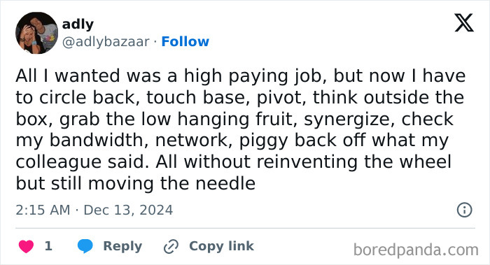 A funny meme about business jargon and high-paying jobs with humorous phrases.