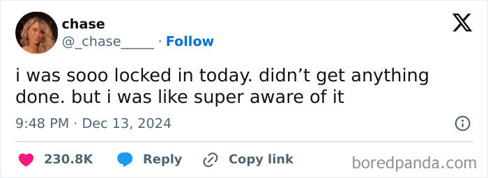 A humorous resources meme about feeling unproductive but aware of it, posted by user chase.