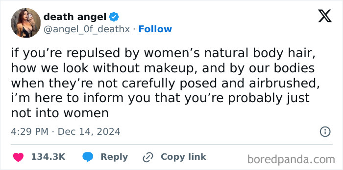 Tweet advocating social justice, challenging beauty standards and embracing natural appearances in women.