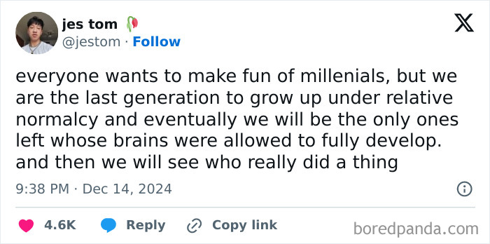Tweet screenshot with honest millennial complaints about growing up and brain development.