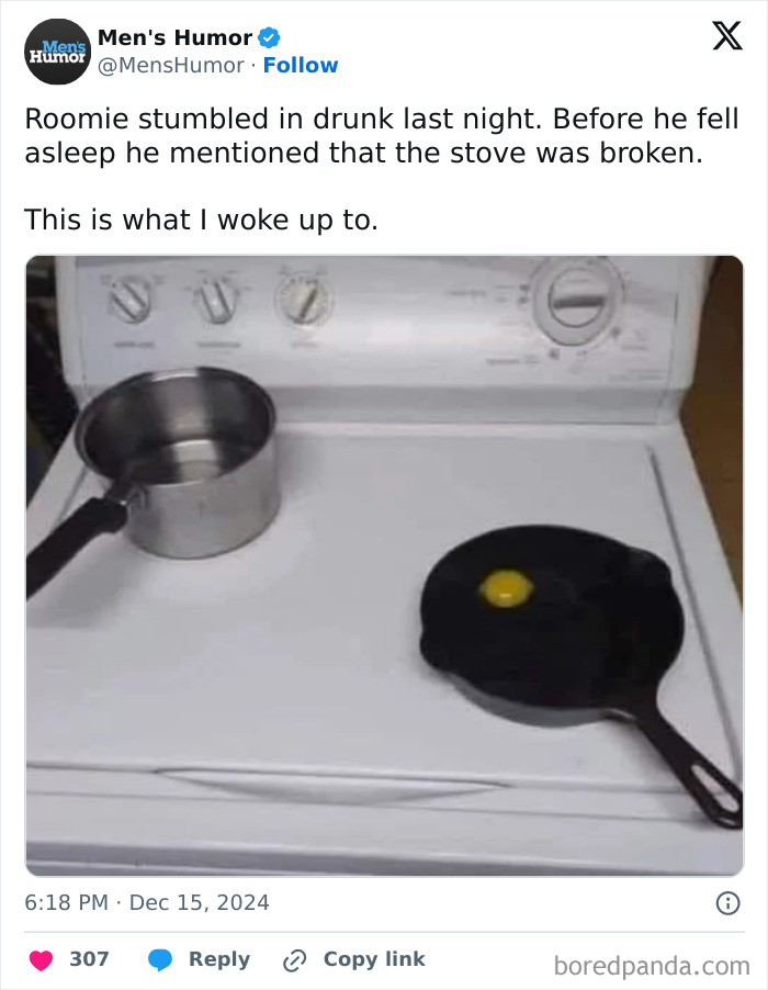 Pot and pan with an egg placed on a white washing machine as a humorous men's meme.
