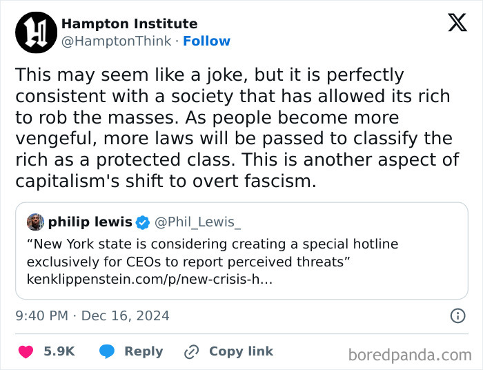 Tweet criticizing capitalism, discussing societal issues and the protection of the wealthy, referencing a hotline for CEOs.