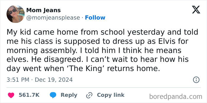 Tweet humorously describing a kid's confusion about dressing as Elvis instead of elves, reflecting dumb-clueless-kids theme.