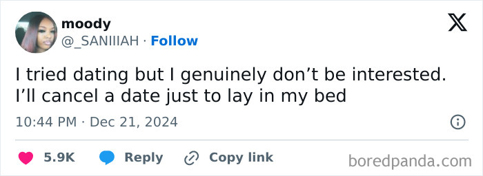 Tweet humorously celebrating Black culture about preferring bed over dating, from moody on December 21, 2024.