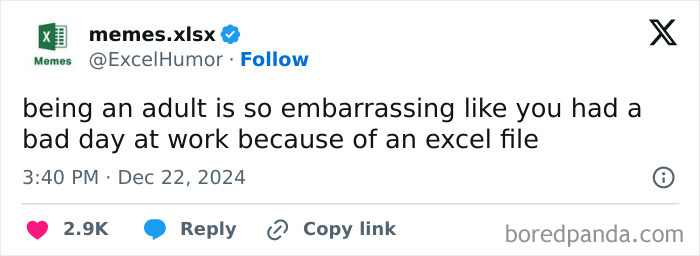 Adulthood posts about the embarrassment of bad workdays caused by Excel files.