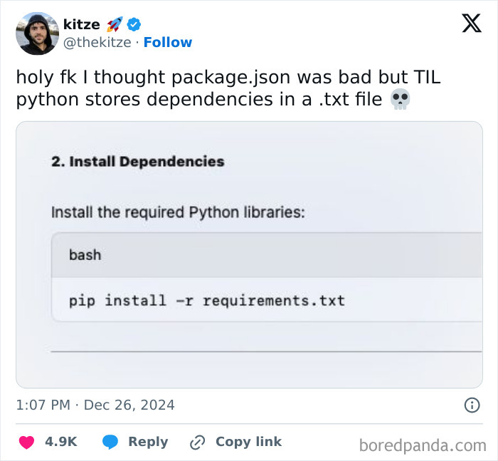 Meme for programmers: A tweet joking about Python storing dependencies in a .txt file with a bash command example.