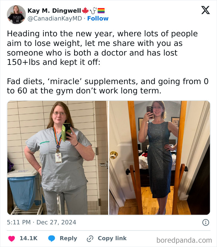 Weight-loss transformation showcasing before and after images of a woman, highlighting significant change and achievement.