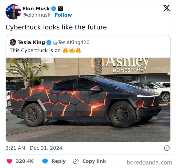 Cybertruck with a futuristic design, posted by Elon Musk on Twitter, parked near Ashley HomeStore.