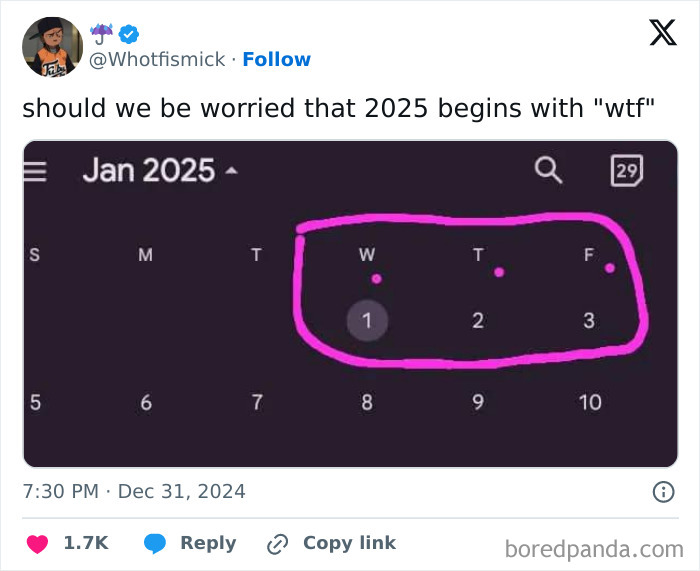 Calendar meme highlighting January 2025 begins with "W*F" days in pink.