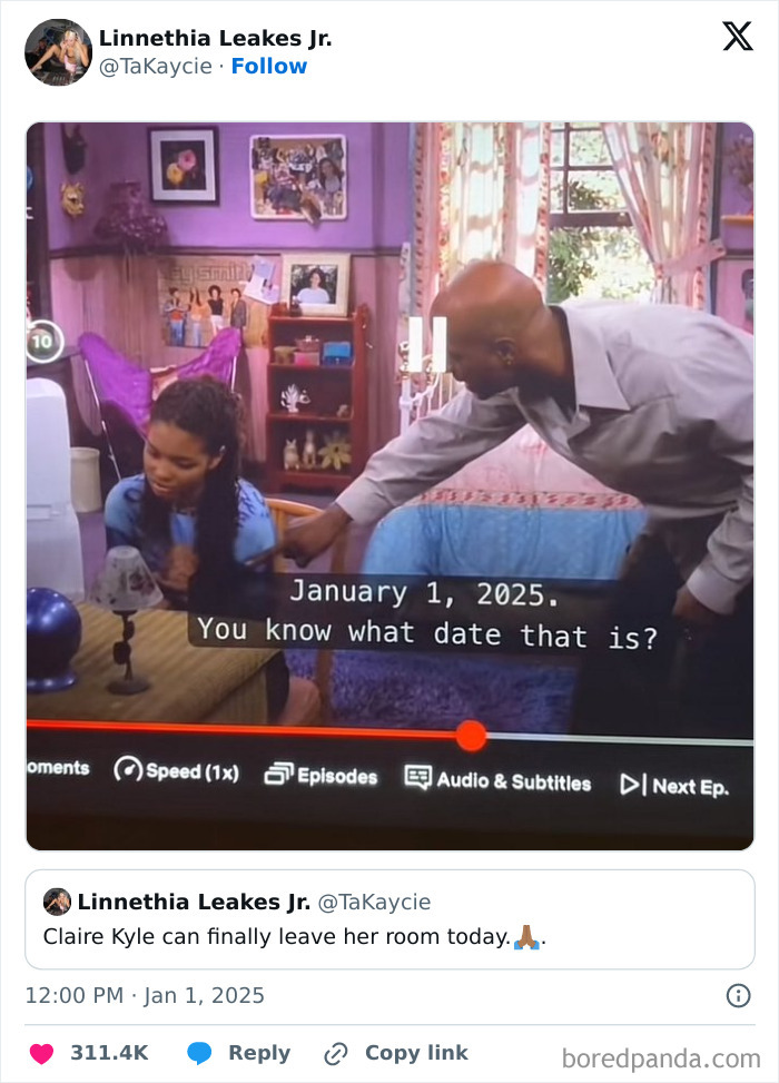 Scene from a TV show with subtitles indicating January 1, 2025, celebrating Black culture humor.