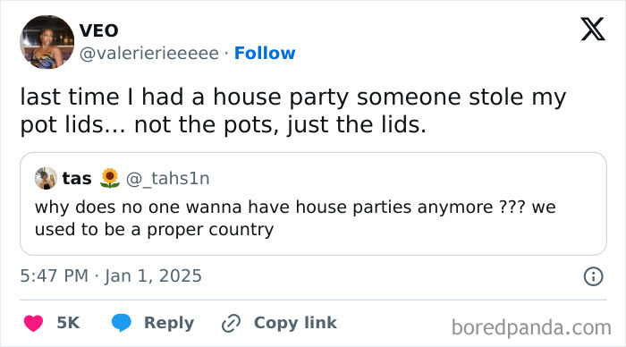 Tweet humorously celebrating Black culture about a house party where pot lids were stolen.