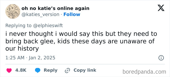 Tweet expressing honest Millennial complaints about the need to bring back "Glee" for younger generations.