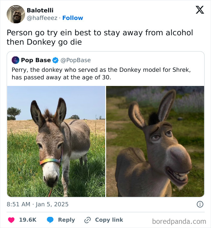 Tweet humorously celebrating Black culture with donkey photos from Shrek.