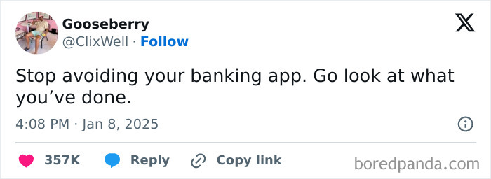 Tweet humorously reflecting on banking habits, celebrating Black culture with witty commentary.