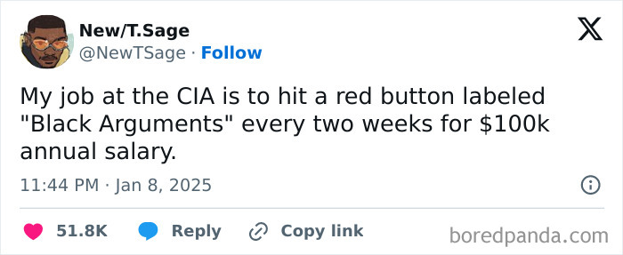 Tweet humorously celebrates Black culture through a fictional job at the CIA pressing a button labeled "Black Arguments."