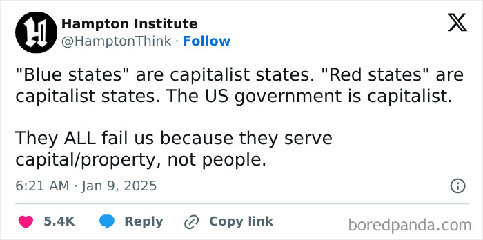 A tweet criticizing capitalism, highlighting issues in both blue and red states prioritizing capital over people.