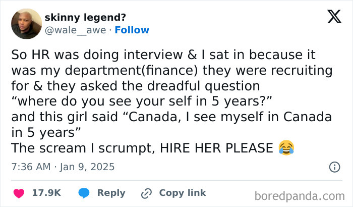Tweet humorously celebrating Black culture with a story about a job interview and a witty response about living in Canada.