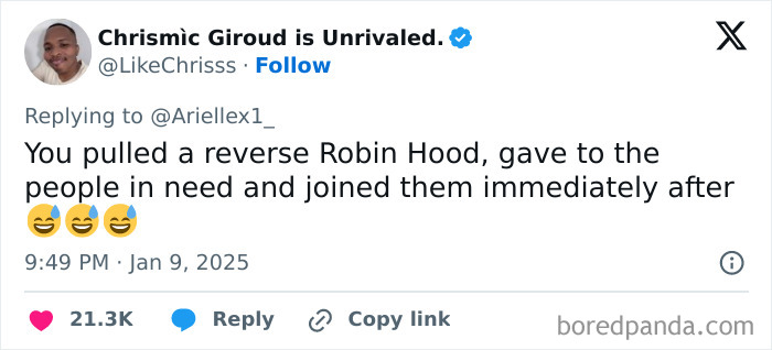 Tweet celebrating Black culture humorously compares someone to a reverse Robin Hood.