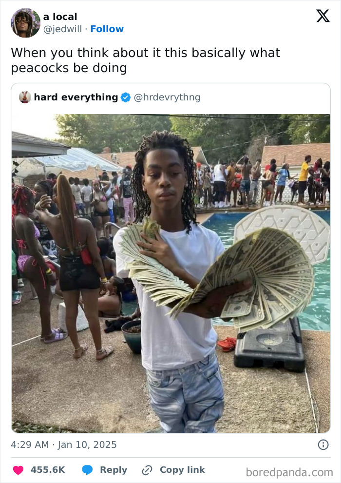 Person holding cash in a fan shape at a pool party, celebrating Black culture with humor.