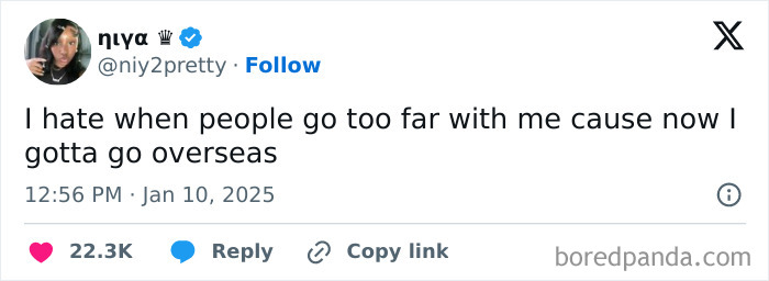 Humorous tweet celebrating Black culture with a witty comment about going overseas.